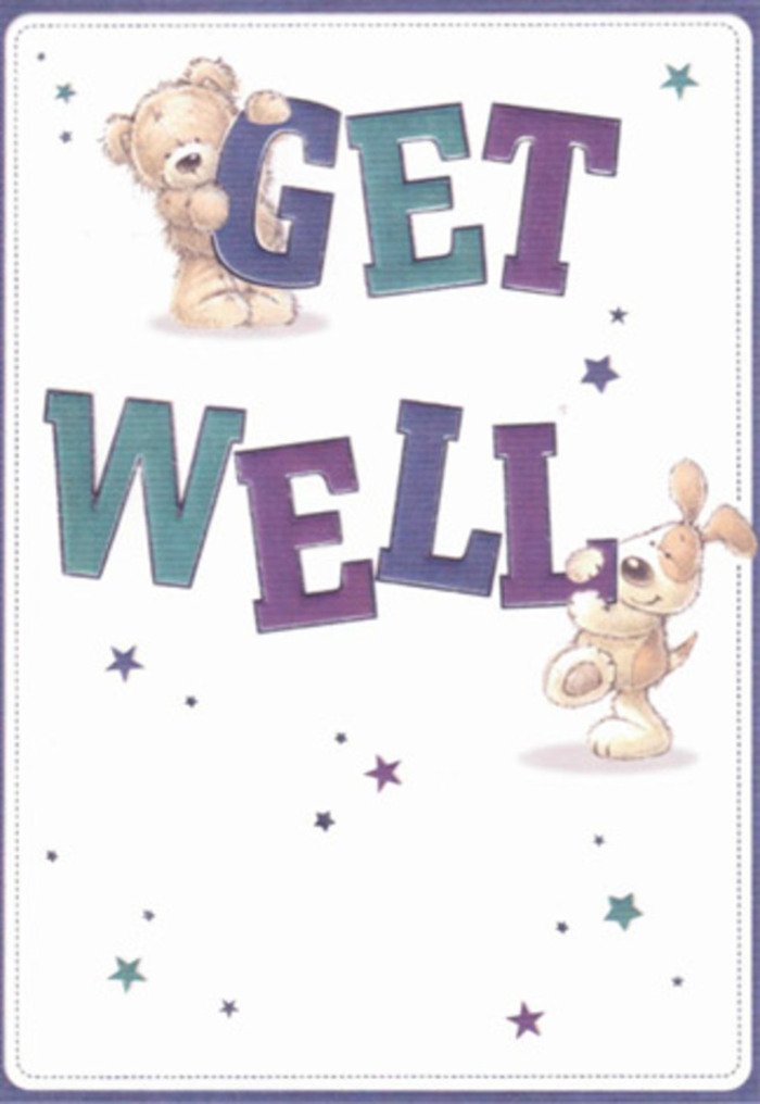 This heartfelt get well card is a painted celebration of encouragement-a scene that instantly conjures the gentle rhythms of Hertford life. Two illustrated friends, a bear with plush, tawny fur and a floppy-eared pup, share the spotlight, each cradling the oversized, exuberantly lettered message: 'Get Well.' The typography, shaded in lush purples and tranquil aquas, stands out boldly against the soft white background, its confident style grounding the entire composition in bright, supportive cheer. Scattered stars seem to float through the air, their hues reminiscent of twilight skies above Hertford's tranquil parks, infusing the illustration with a sense of hope and gentle wonder. There is a remarkable attention to tactile detail: the bear's fur appears invitingly soft, the puppy's velvety ears crafted with a loving touch-mirroring the care with which florists here select and place each bloom in a recovery bouquet. Together, the characters and stars create an atmosphere of playful optimism, each brushstroke carrying echoes of heartfelt community support found in Hertford's bustling high street shops or quiet riverside paths. Sending this card would feel as comforting as gifting a bouquet after a fresh delivery from a local florist, expressing not only well wishes but the comforting reassurance that brighter days are always ahead. Its mood is light, soothing, and perfectly tailored to lift the spirits of loved ones of any age.