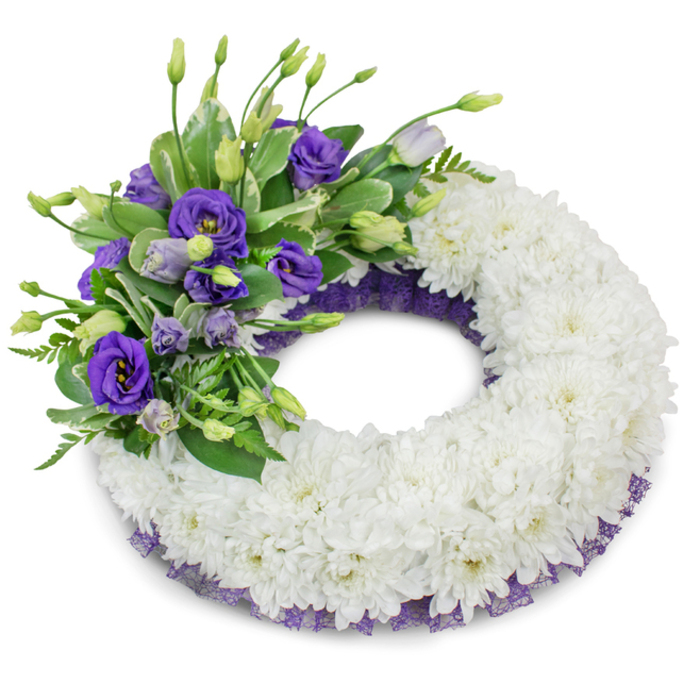 Presented on a pure white studio background, this circular funeral wreath is a study in calm craftsmanship: a thick, continuous band of tightly packed white cushion chrysanthemums forms the main body, their tightly ruffled petals creating a soft, uniform texture that reads as peaceful and pristine. The wreath's upper-left quadrant carries a rich accent spray of purple Eustoma (lisianthus), showing a range of violet tones from saturated deep purple to pale lavender; some blooms are fully open with delicate layered petals, while others remain as elegant buds, adding a sense of gentle progression. Mixed among the lisianthus are varied green foliage faces - glossy, lightly variegated broad leaves and slender, feathery fronds - which provide layered depth and a touch of organic movement against the static purity of the chrysanthemum ring. A discreet trim of dark purple mesh or frilly lace peeks beneath the flowers on both the inner and outer edges, its textured ribbon adding a refined accent that harmonises with the purple blooms. The wreath rests with a soft, diffused shadow that gives it weight and elevation from the backdrop and highlights the meticulous construction. This composition is deliberately serene and measured, intended for funeral settings, memorial displays or graveside offerings in local Hertford locations such as Bengeo or near Hertford Castle grounds. The combination of white for peace and purple for dignity communicates respect, remembrance and a quiet formality appropriate for those tender farewells.