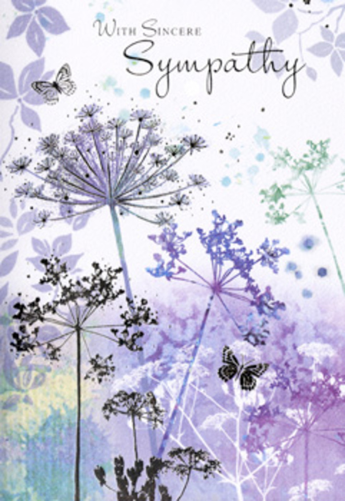 The design of this sympathy card unfolds like a tranquil Hertford morning, where the town's edges give way to softly lit fields. At the centre, tall, slender wildflower stems arc upwards in a loose, natural rhythm, each crowned with fine umbels that read as umbelliferous blooms rendered in filigree detail. Their heads are painted in layered tones of lavender, muted violet, dove grey, and whisper-soft blue, all blending into a cool, calming palette. The watercolour background flows around them in a misty wash of pale purple, silvery green, and powder blue, creating a dreamlike atmosphere similar to low mist lifting over the Lea at dawn. Two gentle butterflies hover just above the wispy petals, their wings almost translucent, as though they've been brushed in with the lightest touch. The edges of the illustration soften into blurred fields of colour, giving a sense of depth without harsh lines, so the card feels open and spacious, like a deep, steady breath. Everything about the composition speaks of stillness and quiet support-the kind of unhurried kindness you might experience from a neighbour choosing flowers on Fore Street. The mood is contemplative yet hopeful, acknowledging sorrow while gently suggesting continuity and peace. Crafted with a florist's sensitivity to shape and balance, this card pairs beautifully with soft, seasonal condolence flowers delivered in and around Hertford, offering more than a message: it offers a calm, visual moment of remembrance.