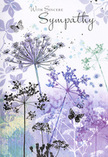 This sympathy card reads like a gentle visual poem, echoing the quiet charm of Hertford's surrounding countryside at dusk. Across the front, airy silhouettes of wildflowers stretch upward, their fine stems and delicate umbels sketched with a light, almost whispered line. The flowers are bathed in harmonious shades of lavender, indigo, powdered blue, and soft grey-green, all melting into one another in transparent watercolor layers. Behind them, a wash of muted purples and cool greens drifts across the card, creating the impression of a far-off meadow softening into evening light, much like the fading colours you might notice near Balls Park as the sun goes down. Here and there, pale petals and faint foliage shapes float in the background, adding depth without disturbing the card's sense of calm. A few butterflies hover near the blooms, wings faintly outlined, suggesting transformation, presence, and the quiet way memories linger. The light feels gentle and diffuse, with no harsh contrasts, so the entire design seems to glow softly from within. The words of sympathy rest above this scene in elegant script, woven seamlessly into the tranquil composition. As a florist used to preparing condolence arrangements for services across Hertford, I recognise how this card offers a respectful, understated way to share support-cool yet comforting in its palette, and deeply soothing in mood, like a steady hand on the shoulder when there is nothing more that needs to be said.